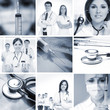 A collage of medical instruments, doctors, and nurses