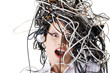 Shocked businesswoman with cables on head