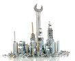 Many types of metal bolts, screws, nuts and wrench isolated