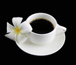 Coffee cup with white frangipani flowers on a black background,c