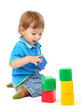 cute little boy with toy color cubes, isolated on white