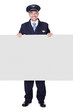 Portrait Of Happy Pilot Holding Blank Placard