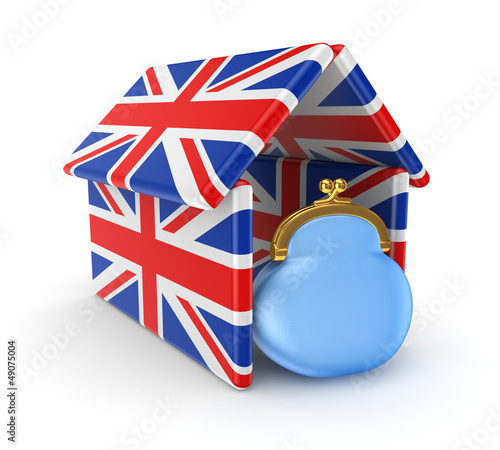 Illustration: Blue purse under the roof made of british flags. Blue purse under the roof made of british flags.