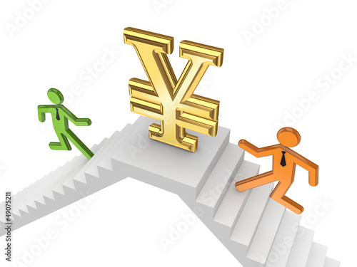 Illustration: 3d small people running to a yen symbol. 3d small people running to a yen symbol.