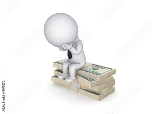 Illustration: Sad 3d small person sitting on a stack of dollars. Sad 3d small person sitting on a stack of dollars.