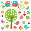 Vector: Birds and owls in spring forest. Vector set Birds and owls in spring forest. Vector set