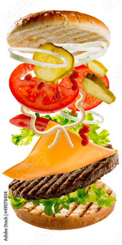 Photo: Hamburger - flying ingredients of hamburger Hamburger - flying ingredients of hamburger