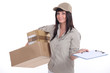 Photo: Female courier with parcels and a clipboard Female courier with parcels and a clipboard