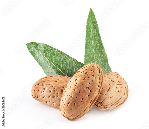 Photo: Almond nuts with leaves. Isolated on white background. Almond nuts with leaves. Isolated on white background.