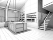 Wireframe rendering of a modern kitchen
