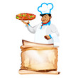 Funny Chef and pizza.Menu bistro