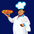 Funny Chef and italian pizza.Best food for gourmet