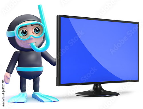 Illustration: Scuba guy stands by his new widescreen tv Scuba guy stands by his new widescreen tv