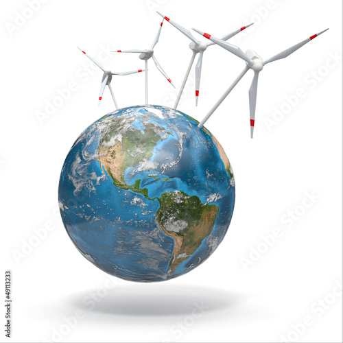 Illustration: Wind turbine on Earth. 3d Wind turbine on Earth. 3d