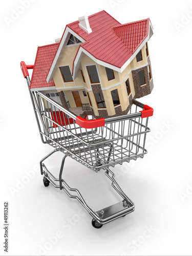 Illustration: Property market. House in shopping cart Property market. House in shopping cart