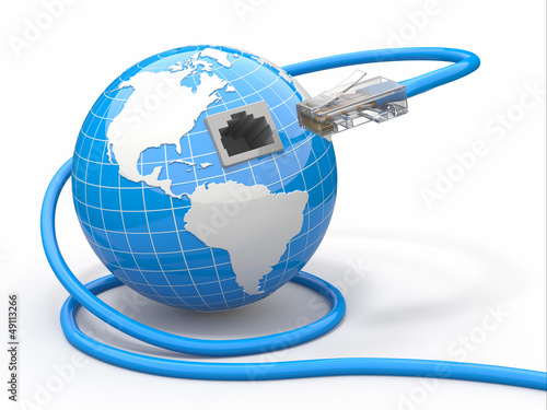 Illustration: Global communication. Earth and cable, rj45. Global communication. Earth and cable, rj45.