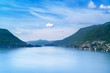 Como Lake landscape. Cernobbio village, trees, mountains. Italy