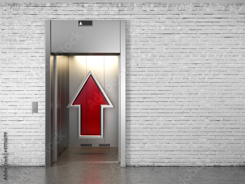 Illustration: Elevator with opened doors and up arrow Elevator with opened doors and up arrow