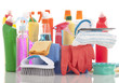 Plastic bucket with cleaning supplies on white background  