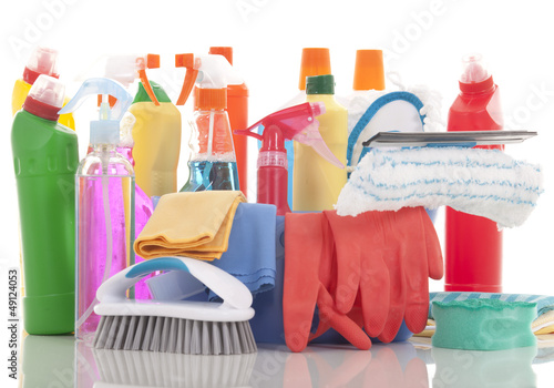 Photo: Plastic bucket with cleaning supplies on white background Plastic bucket with cleaning supplies on white background