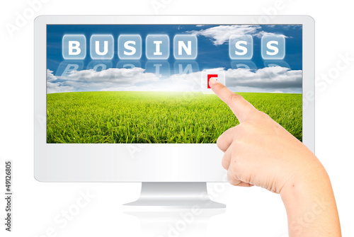 Illustration: Hand pushing Business word on monitor screen. Hand pushing Business word on monitor screen.