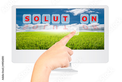 Illustration: Hand pushing Solution word on monitor screen. Hand pushing Solution word on monitor screen.