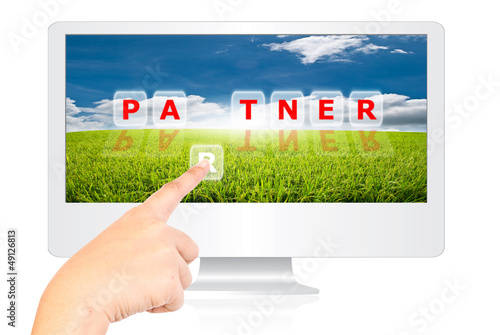 Illustration: Hand pushing Partner word on monitor screen. Hand pushing Partner word on monitor screen.