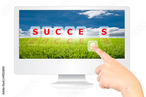 Illustration: Hand pushing Success word on monitor screen. Hand pushing Success word on monitor screen.
