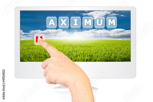 Illustration: Hand pushing Maximum word on monitor screen. Hand pushing Maximum word on monitor screen.