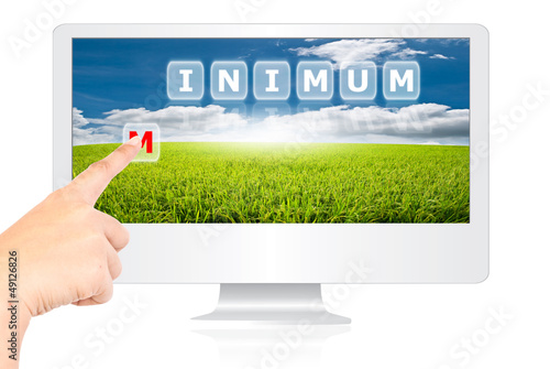 Illustration: Hand pushing Minimum word on monitor screen. Hand pushing Minimum word on monitor screen.