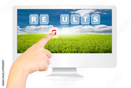 Illustration: Hand pushing Results word on monitor screen. Hand pushing Results word on monitor screen.