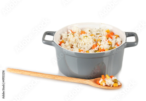 Photo: Risotto in gray pot isolated on white Risotto in gray pot isolated on white