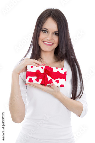 Photo: Frau mit roten Herzen - Geschenk isoliert Frau mit roten Herzen - Geschenk isoliert