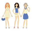  Three young stylish women demonstrating summer clothes. 
