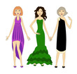  Three young women wearing fashionable evening dresses.