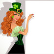 Red-haired girl Leprechaun holding a large banner
