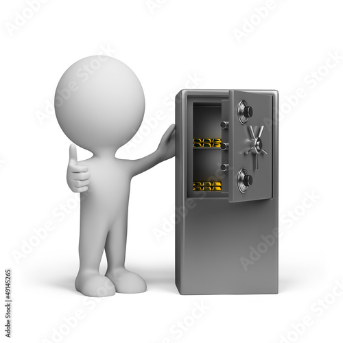 Illustration: 3d person and safe with gold bars 3d person and safe with gold bars