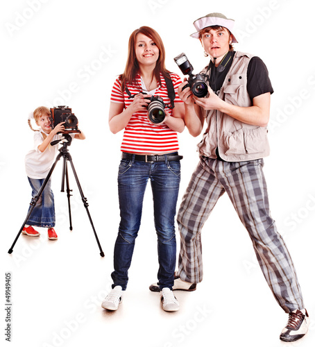 Photo: Happy family with three camera. Happy family with three camera.