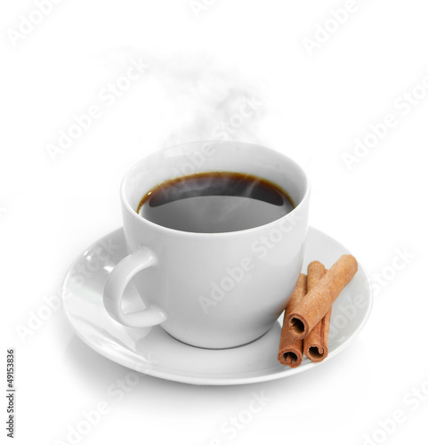 Photo: cup coffee with cinnamon isolated on white background cup coffee with cinnamon isolated on white background