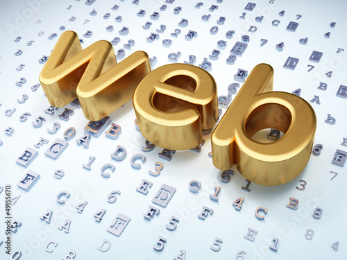 Illustration: Web development SEO concept: Golden Web on digital background Web development SEO concept: Golden Web on digital background