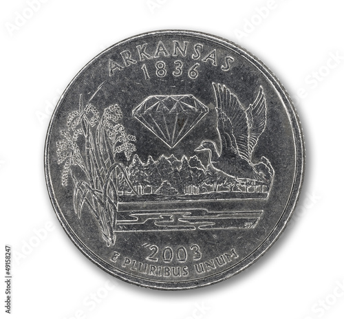Photo: United States Arkansas quarter dollar coin on white United States Arkansas quarter dollar coin on white
