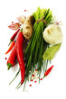 A bunch of fresh chives and vegetables