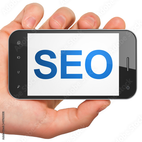Illustration: Web development SEO concept: smartphone with SEO Web development SEO concept: smartphone with SEO