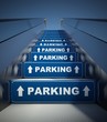 Moving escalator stairs to parking, concept