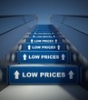 Moving escalator stairs to low prices, concept