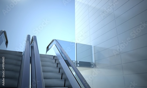 Illustration: Modern office building and escalator stairs Modern office building and escalator stairs