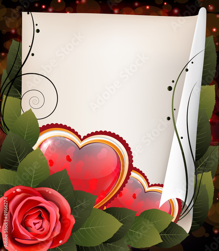 Vector: Hearts, rose and parchment. Valentine card Hearts, rose and parchment. Valentine card