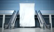 Blank advertising flag and escalator in interior