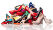 Pile of various female shoes over white