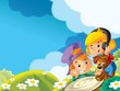 The girl and boy with their animal friend on the meadow
